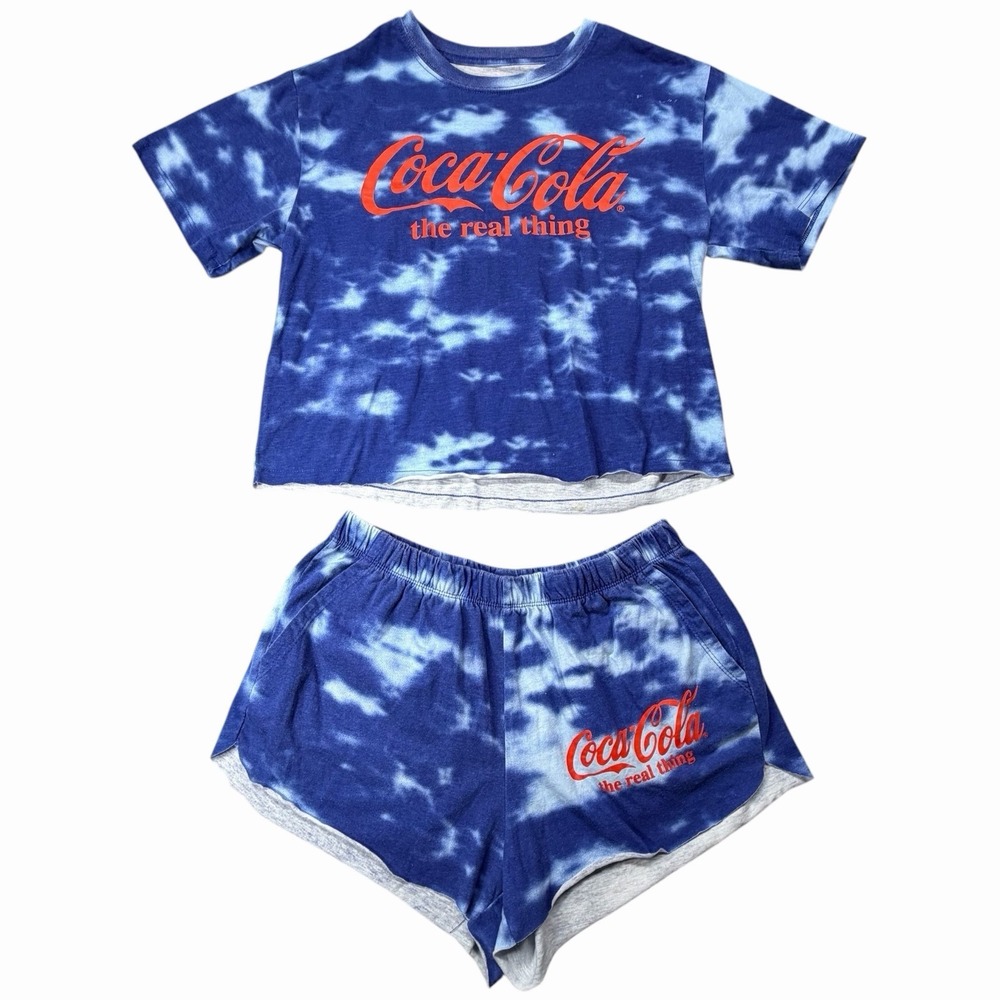 Coca Cola Tie Dye Lounge Set Women's Blue Crop Tee Shorts Matching Outfit Small